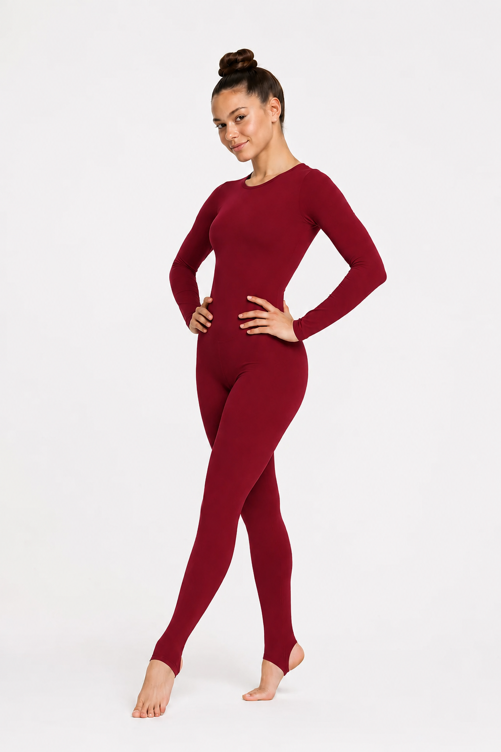 Long Sleeve Rubino Red Dance Unitard with Ankle Stirrups